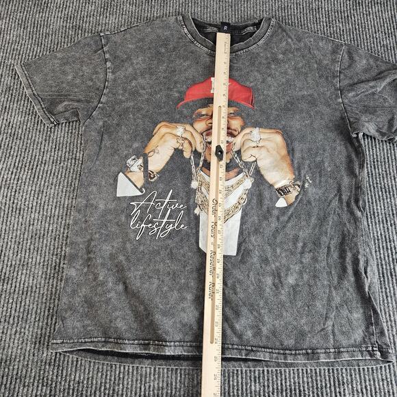 ROMWE Shirt Mens Medium Black Gray Acid Wash Active Lifestyle Graphic Tee Fade - Picture 8 of 12